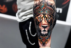 Forearm tattoo of a African warrior with a lion tattoo idea