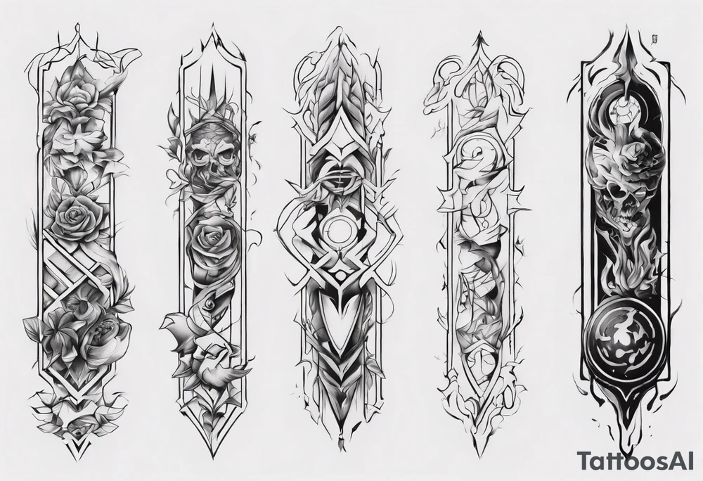 Design a vertical tattoo where shapes and lines represent various stages of my life, reflecting the evolution of my character and perception. Ensure it suits the placement on the back of the forearm tattoo idea