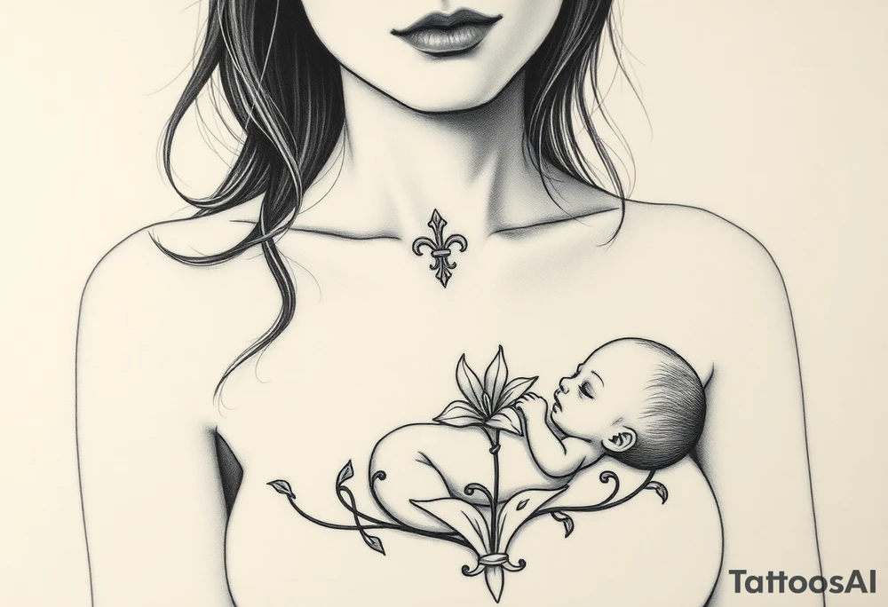 Mère assise  qui allaite son bébé, elle a une fleur de lys relié à son bébé. Ambiance mystique tattoo idea