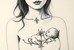 Mère assise  qui allaite son bébé, elle a une fleur de lys relié à son bébé. Ambiance mystique tattoo idea