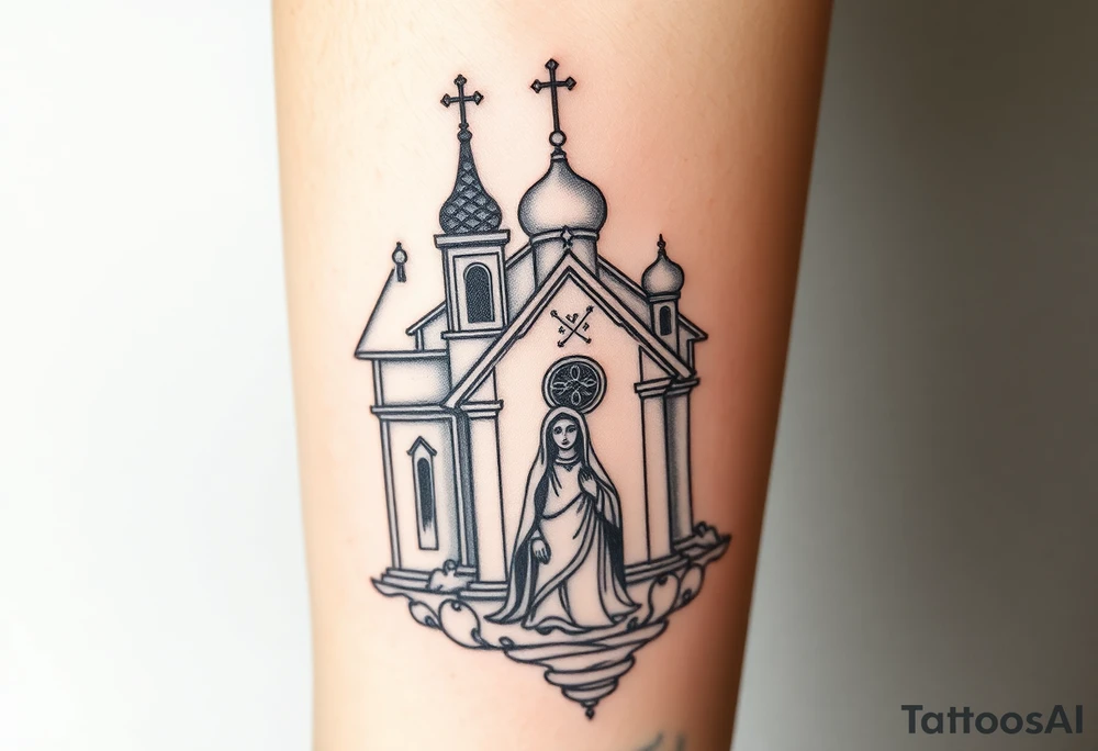 in a dorsal view a orthodox church shrouded with a mist above and fading into a virgin mary overlooking tattoo idea