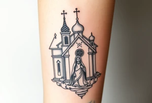 in a dorsal view a orthodox church shrouded with a mist above and fading into a virgin mary overlooking tattoo idea