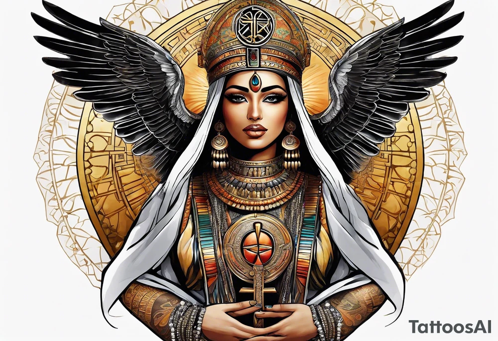 Isis (top center): With wings and the sun disc on her head, holding the ankh. tattoo idea