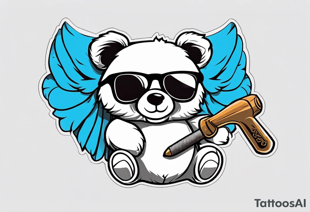 Teddy bear with wings wearing big sunglasses holding a hammer tool tattoo idea