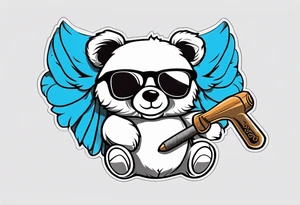 Teddy bear with wings wearing big sunglasses holding a hammer tool tattoo idea