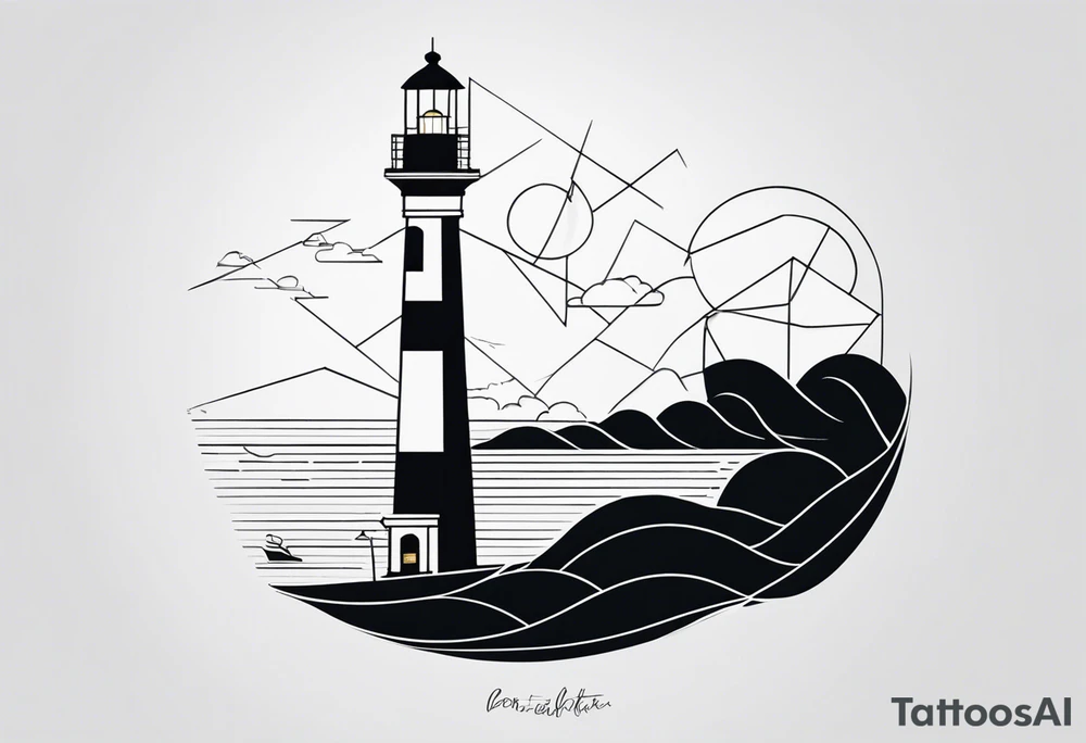 lighthouse in fine line and a bit geometric. Mostly black but the light and the sea are colored. also the sea close to the lighthouse tattoo idea