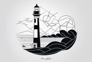 lighthouse in fine line and a bit geometric. Mostly black but the light and the sea are colored. also the sea close to the lighthouse tattoo idea