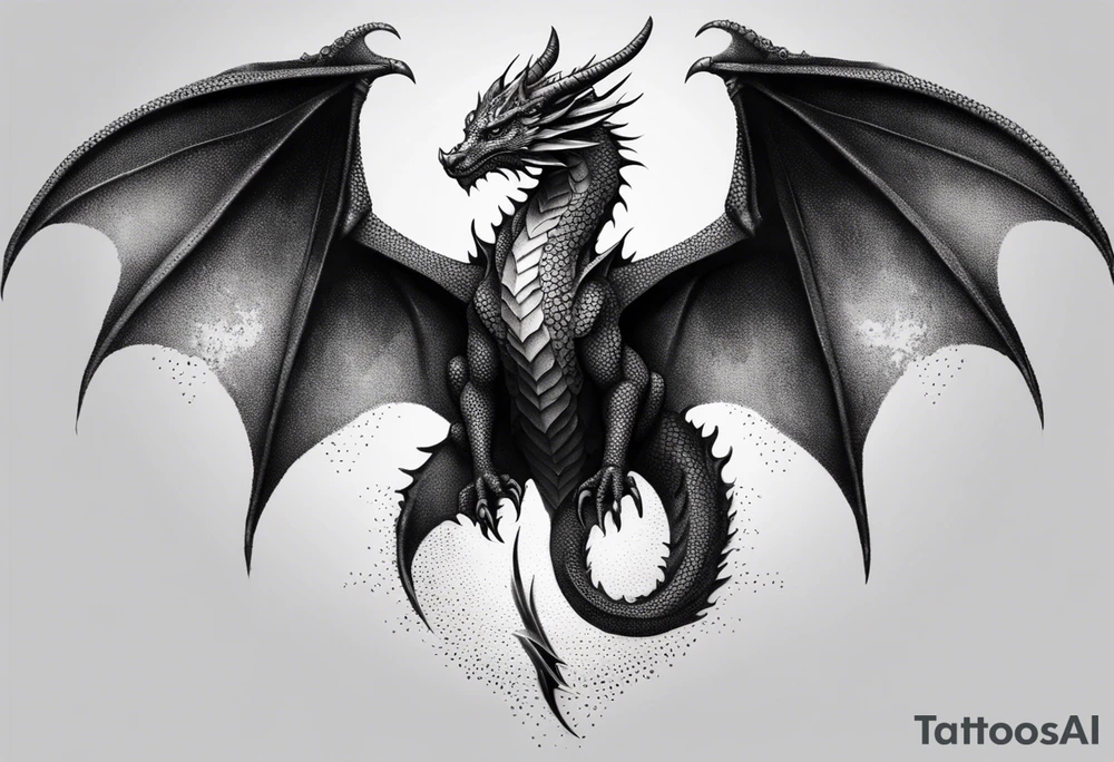 Symmetrical, Realistic dragon, facing forward. With both wings spread out. Torn look to wings. Tails wraps down and has a morning star weapon at the end of tail. The tattoo would be suitable for the centre of a chest tattoo idea