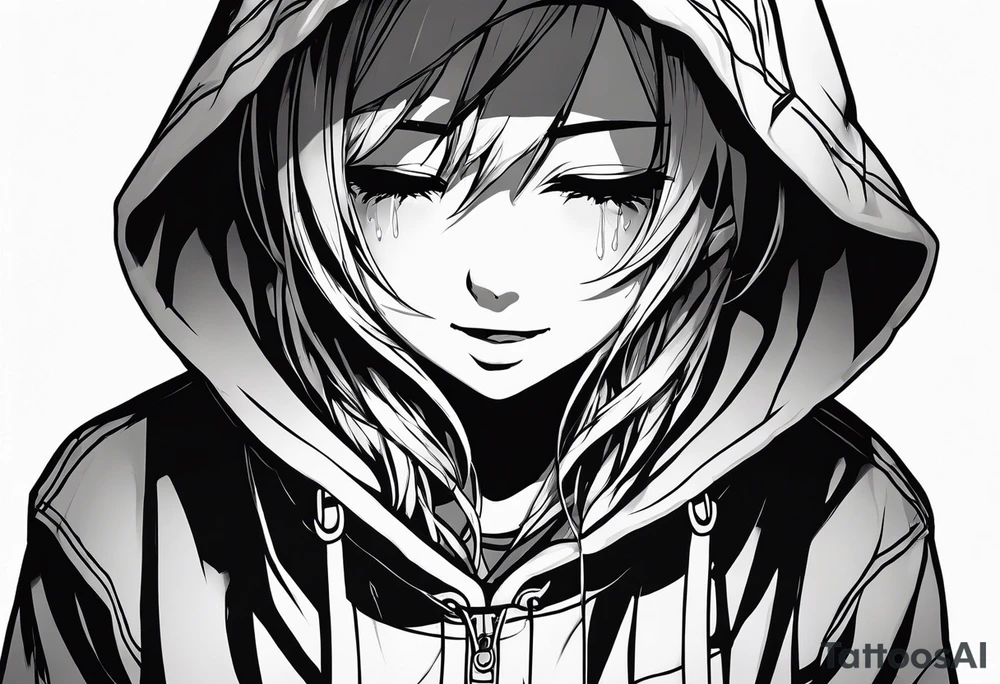 gothic anime style girl cries blood while laughing, full body with sweatshirt and hood tattoo idea