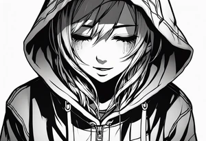 gothic anime style girl cries blood while laughing, full body with sweatshirt and hood tattoo idea