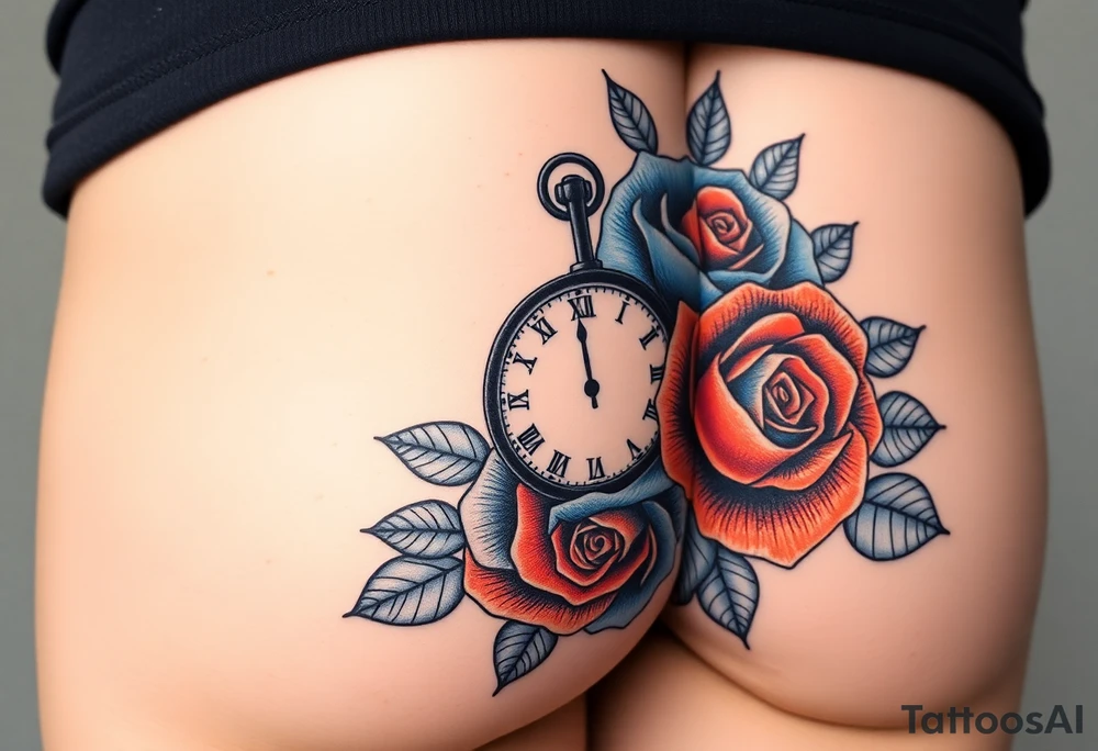 2 Blue and orange roses with a clock and name placeholder on the thigh tattoo idea