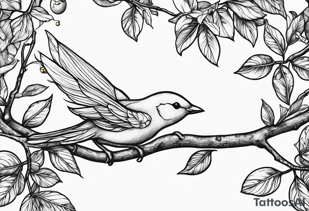 Fairy outline, asleep on the branch of a lemon tree. tattoo idea