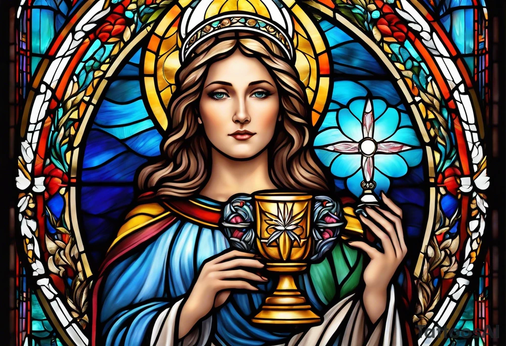 holy saint woman with halo stained glass holding a chalice with artillery tattoo idea