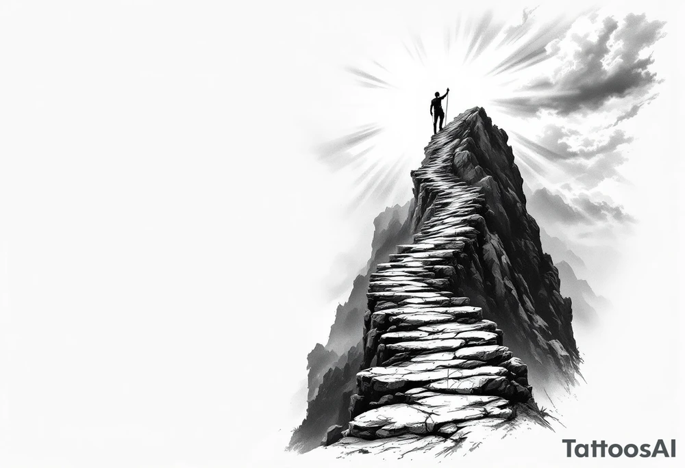 A black and grey tattoo sleeve design featuring a rugged mountain path winding upwards, symbolizing perseverance. A lone figure climbs the path with torn but determined hands gripping a rope. The background fades into storm clouds with rays of light breaking through, symbolizing divine favor. The texture of the tattoo is realistic with fine details, blending elements of stoicism, grit, and faith. The design flows seamlessly from forearm to upper arm, with darker tones at the bottom and lighter tones at the top. tattoo idea