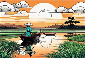 vietnamese lady on boat rice fields water sunset home clouds tattoo idea