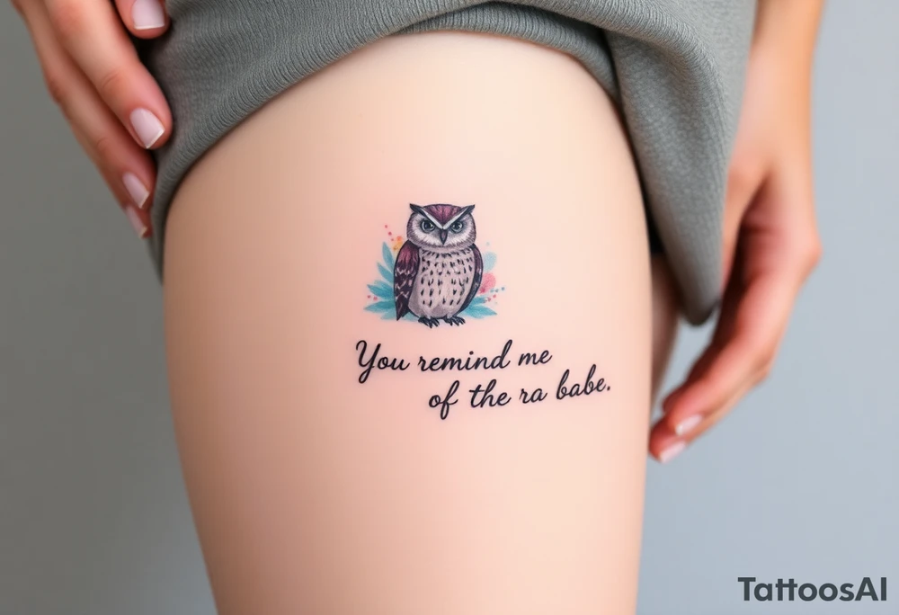 Small owl with water color background and “You remind me of the babe” in script tattoo idea