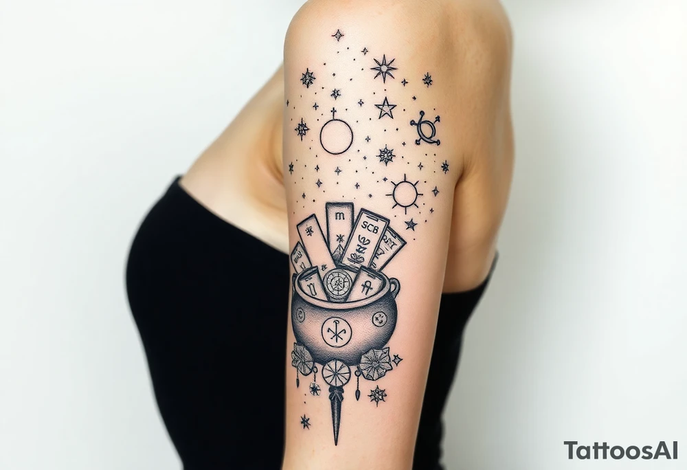 Milky way filled with zodiac symbols runes tarot cards coming out of a cauldron tattoo idea