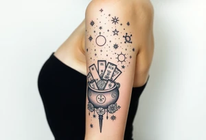Milky way filled with zodiac symbols runes tarot cards coming out of a cauldron tattoo idea
