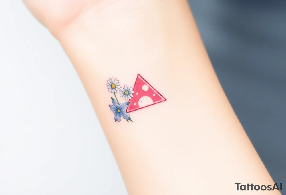 Design a very small (max 2x2 cm) tattoo for the inner wrist that subtly symbolizes lesbian identity. It should be minimal and delicate — possibly fine line or soft color. The design must be discreet yet meaningful, not instantly recognizable as LGBTQ but with layered symbolism, something like the triangle upside down. Think of subtle elements like intertwined female symbols, abstract sapphic references, or a hidden double meaning through nature (e.g. flowers, moons, triangles). Avoid clichés or bold pride imagery. Keep it elegant, wearable, and intimate. Add a daisy and a violet with a upside down triangle. Make the flowers smaller than the pink triangle tattoo idea