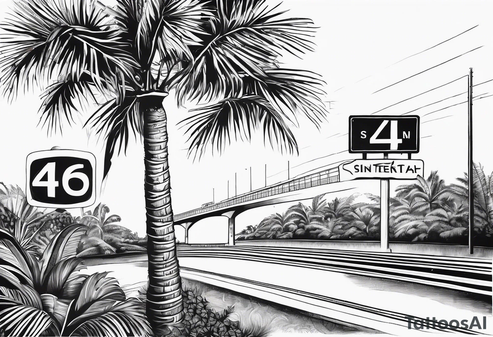 florida palm tree with interstate 4 sign and a tropical background tattoo idea