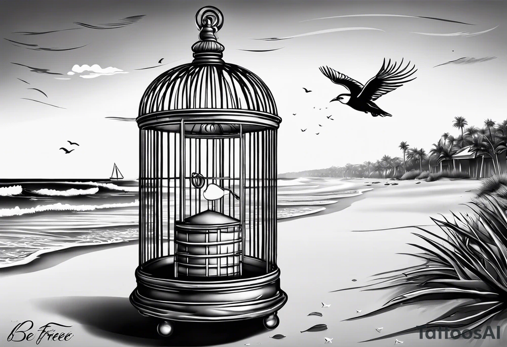 An open birdcage on the beach with the words be free, small enough to be on the wrist tattoo idea