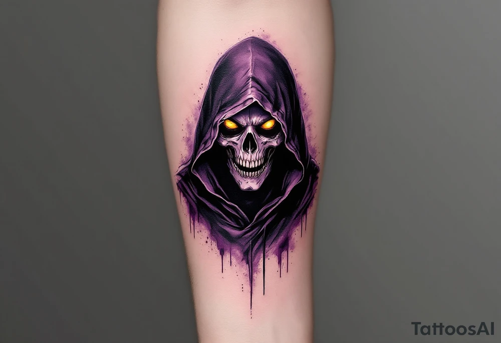 A cloaked figure in black-and-purple tones with hollow yellow eyes and a smoky background. tattoo idea