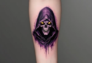 A cloaked figure in black-and-purple tones with hollow yellow eyes and a smoky background. tattoo idea