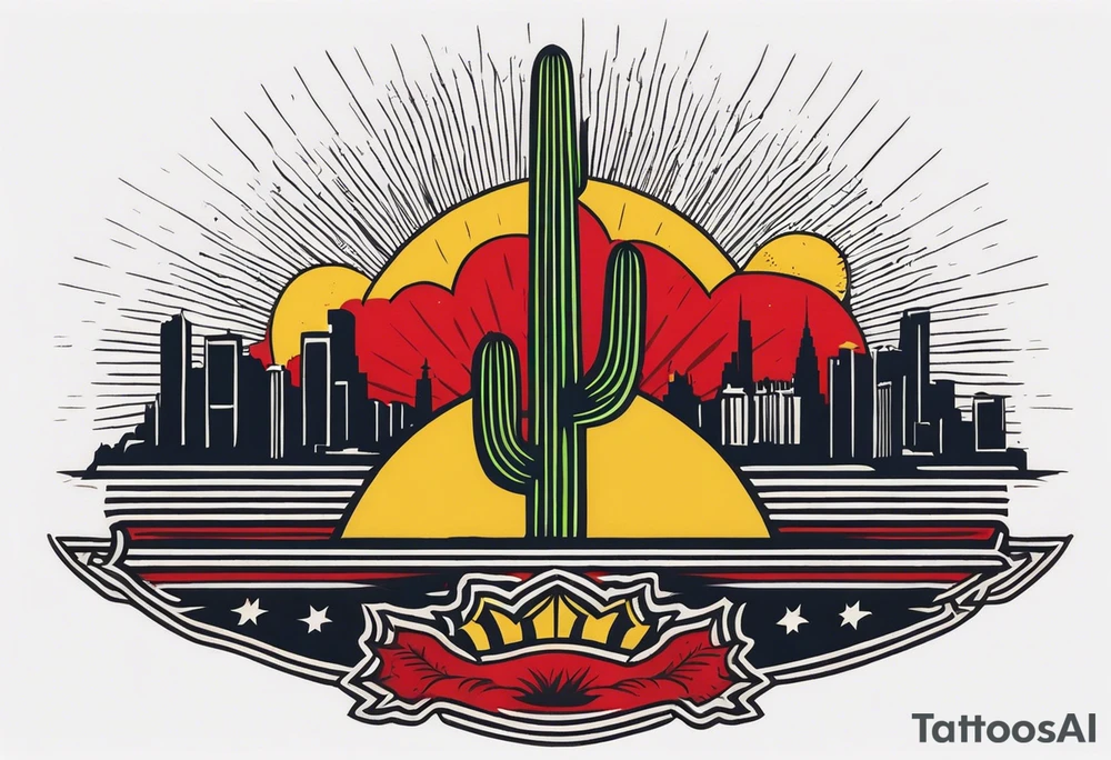 Crest with a hood on top,
13 rays of red and weld-yellow on the top half. NYC sky line
a cactus on the left side and a royal palm on the right side tattoo idea