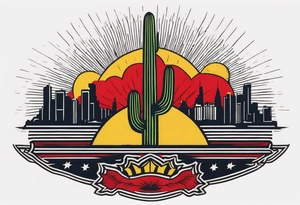 Crest with a hood on top,
13 rays of red and weld-yellow on the top half. NYC sky line
a cactus on the left side and a royal palm on the right side tattoo idea