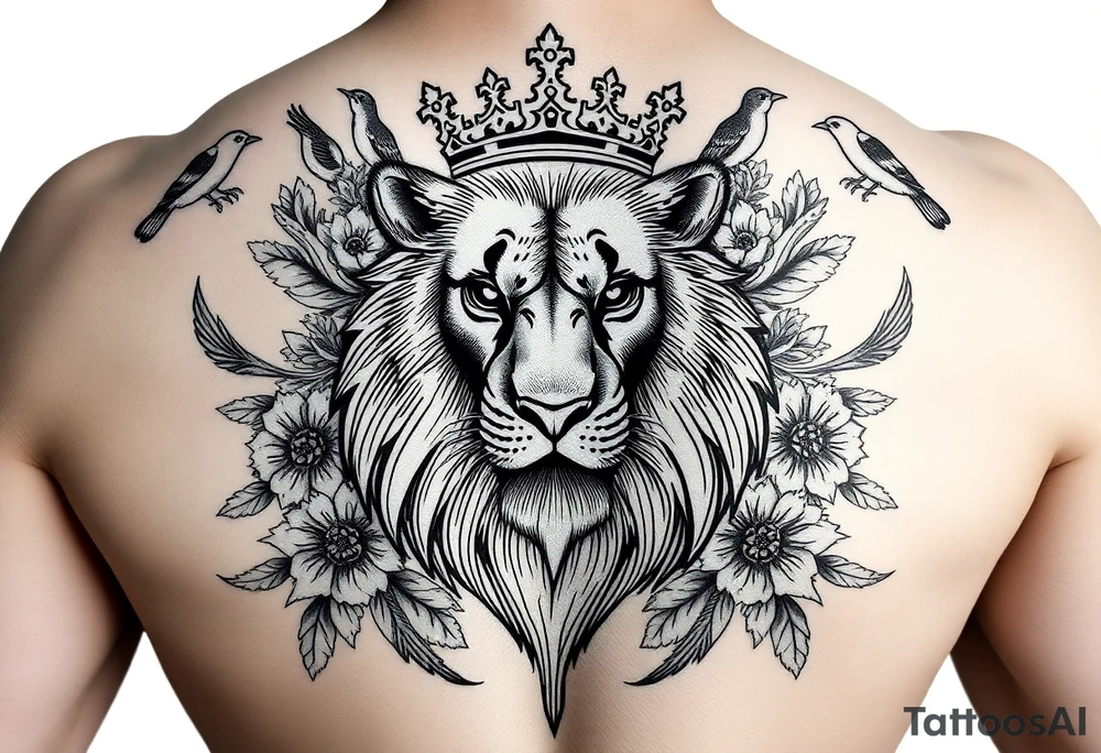powerful majestic lion with a crown, surrounded by floral ornaments and birds tattoo idea