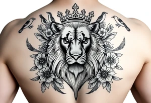 powerful majestic lion with a crown, surrounded by floral ornaments and birds tattoo idea