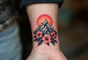 vertical wrist size red  and black rhododendron trippy with Himalayas behind tattoo idea