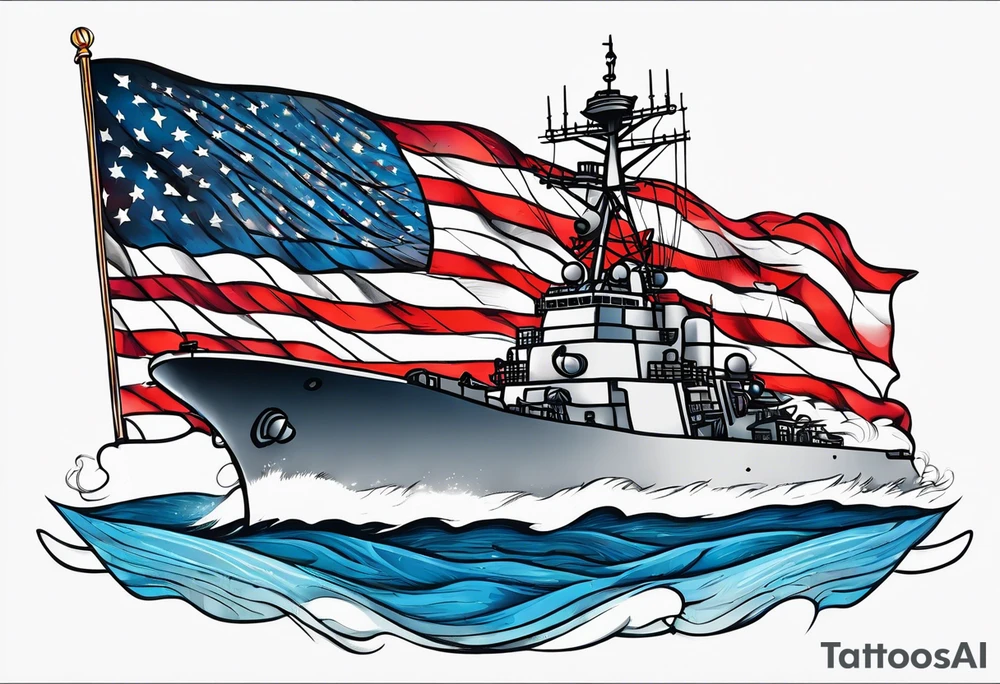 US Navy Ships and huge american flag sleeve tattoo idea