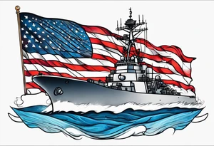 US Navy Ships and huge american flag sleeve tattoo idea