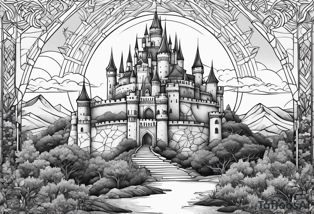 Blackwork castle in fantasy landscape tattoo idea