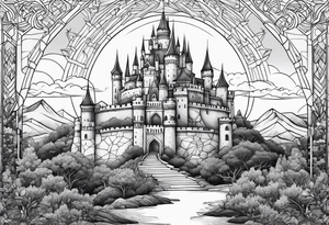 Blackwork castle in fantasy landscape tattoo idea