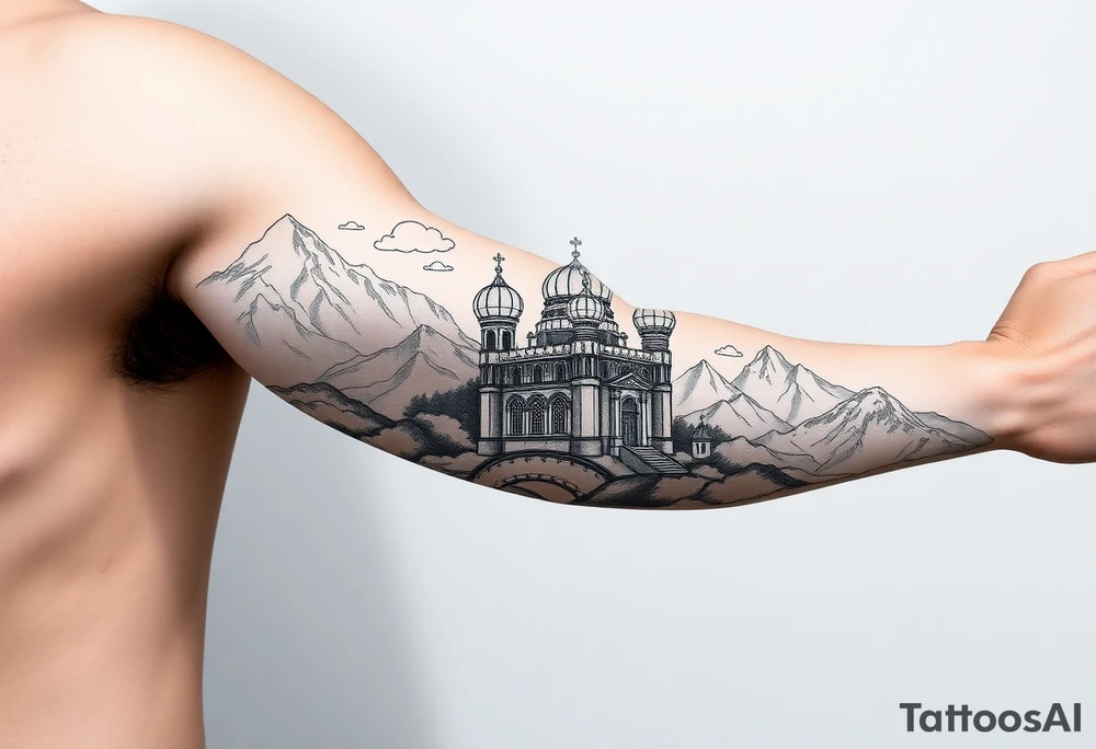 russian orthodox christian left arm tattoo with st basils cathederal in a mountainous setting with clouds tattoo idea