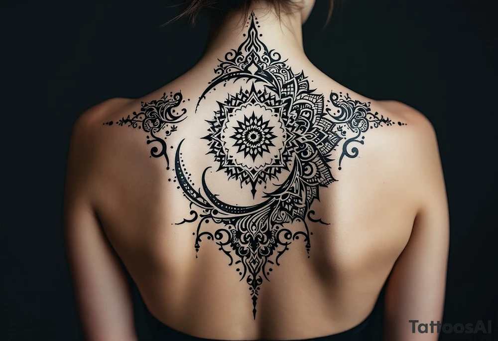 spine tattoo design with symmetrical ornamental patterns, combining dotwork, mandala elements, and flowing lines that follow the natural curves of the body. The design is intricate and balanced.” tattoo idea