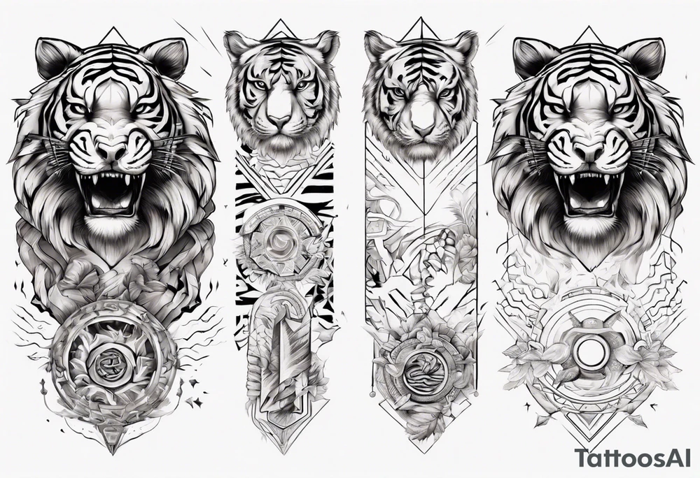 Ancient tiger with lightning and a sun for a forearm sleeve. With patterns surrounding it tattoo idea Ancient tiger with lightning and a sun for a forearm sleeve. With patterns surrounding it tattoo idea