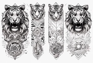 Ancient tiger with lightning and a sun for a forearm sleeve. With patterns surrounding it tattoo idea