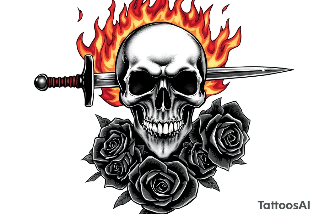 Skull engulfed in flames, broadsword through it, dark roses cascade down. tattoo idea