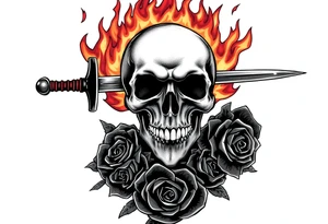 Skull engulfed in flames, broadsword through it, dark roses cascade down. tattoo idea
