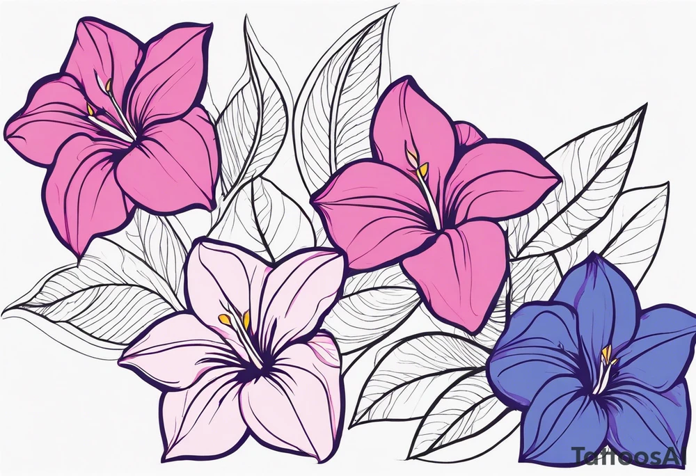 negative space linework mandevilla flowers over a brushstroke background of blue, pink and purple tattoo idea