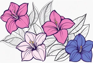 negative space linework mandevilla flowers over a brushstroke background of blue, pink and purple tattoo idea