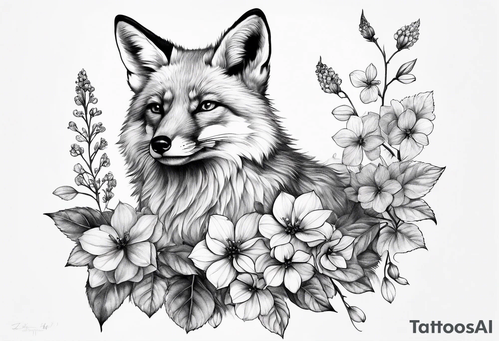 sitting fox, full body, realistic, hydrangeas tattoo idea sitting fox, full body, realistic, hydrangeas tattoo idea