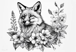 sitting fox, full body, realistic, hydrangeas tattoo idea