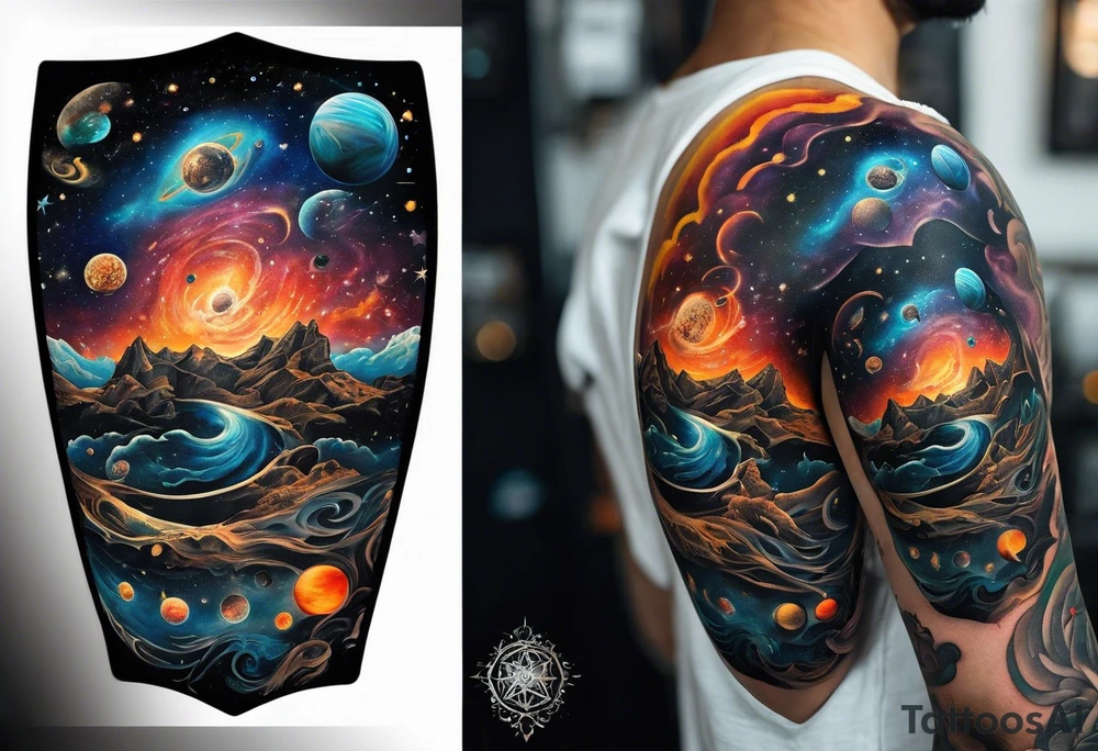 A tattoo featuring a cosmic scene with planets, black holes, and supernovae intertwined with intricate linguistic symbols, reflecting the client's interests in cosmology and linguistics. tattoo idea
