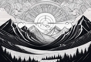 Mountain Massif, one Peak, only peak surrounded woth semi circle dashed Line, in semi circle two littel fine Stars, waves overlapping in Side, Open geometrical Forms Like Diamond with Open lines tattoo idea