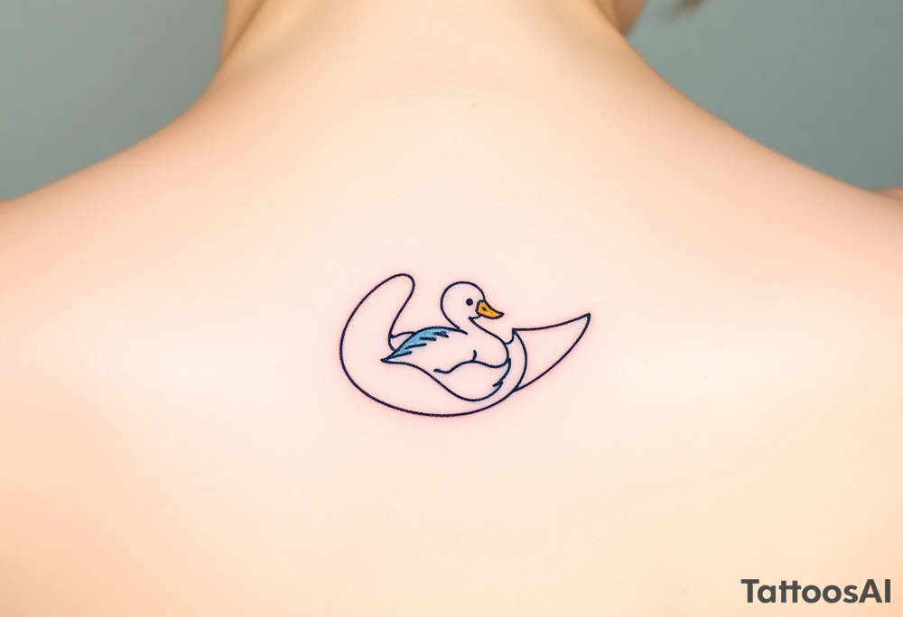 A swan with her baby duck nestled in her wings, in soft white and light blue hues, symbolizing purity and warmth tattoo idea