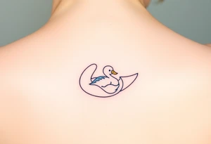 A swan with her baby duck nestled in her wings, in soft white and light blue hues, symbolizing purity and warmth tattoo idea